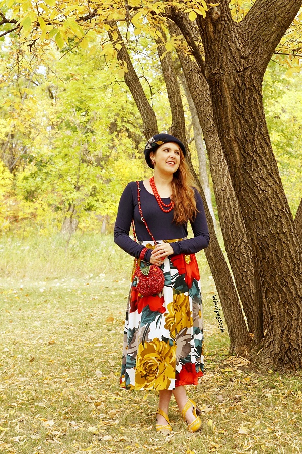 Winnipeg Style, Canadian fashion blog, Chicwish bright fall floral midi skirt, Mary Frances Accessories First Bite Apple beaded bag purse, C